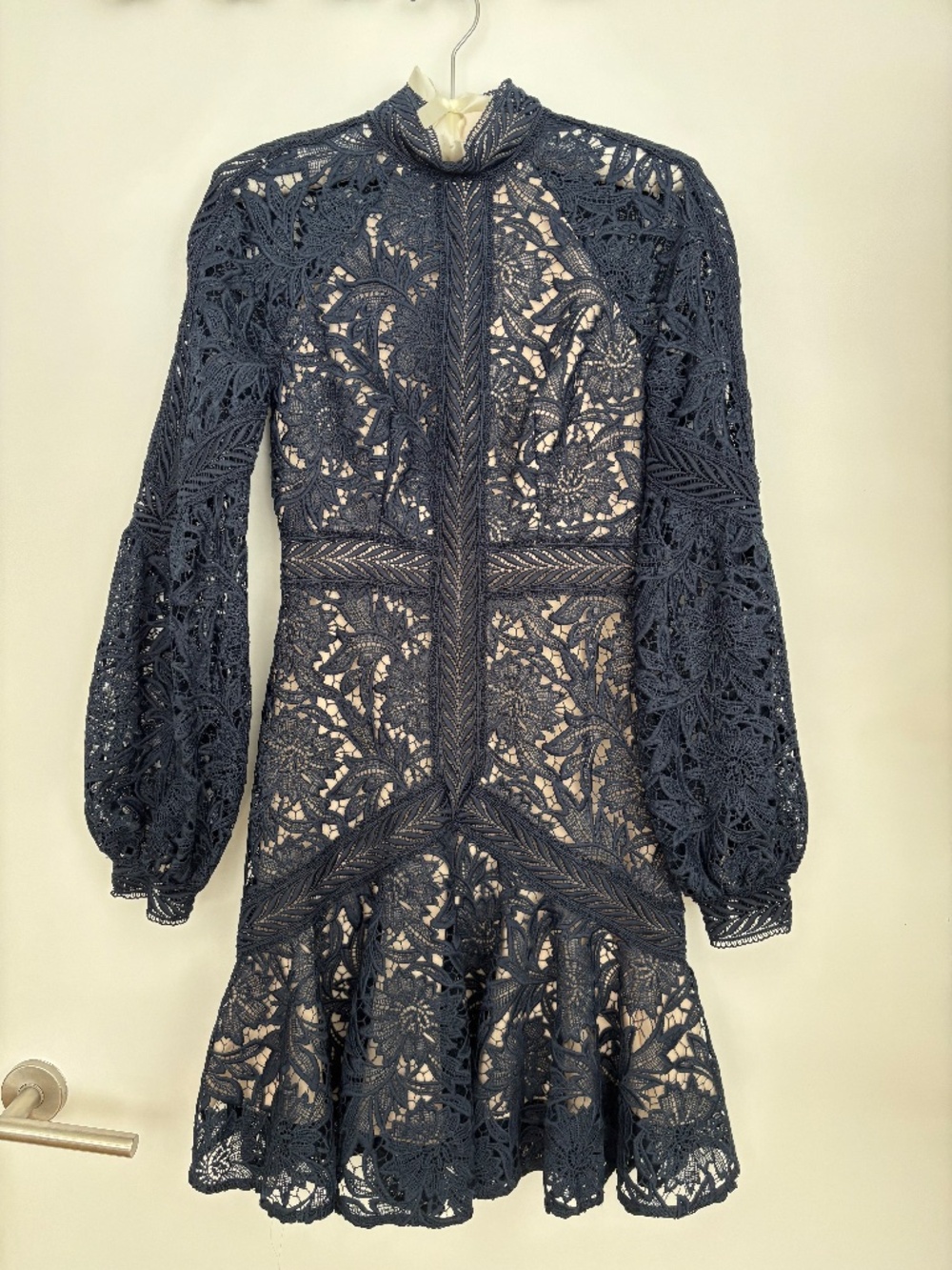 Lover the Label lace navy long sleeve mini dress